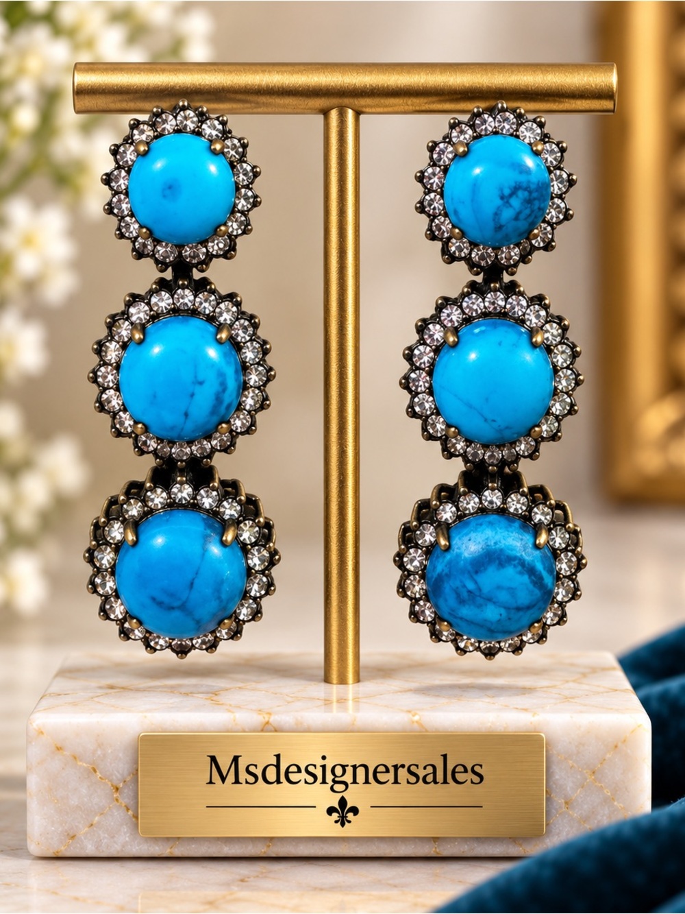 Turquoise Triple-Drop Earrings - Blue Crystal Halo